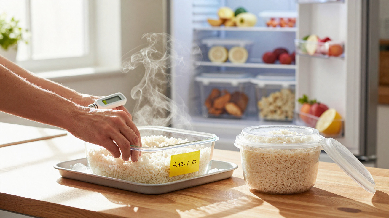 Pessoa usando termômetro para medir temperatura de arroz cozido em recipiente próximo à geladeira aberta.