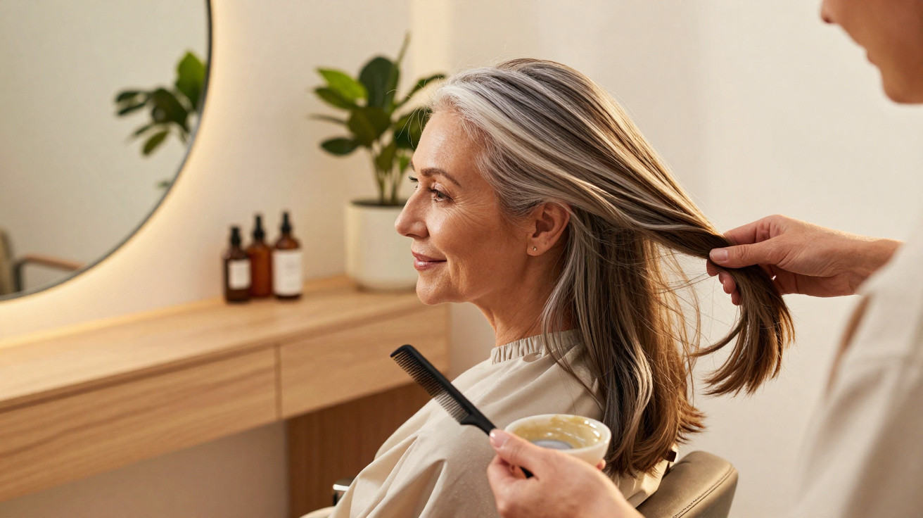 Mulher sorrindo enquanto profissional aplica tratamento no cabelo em salão com decoração clara e planta.