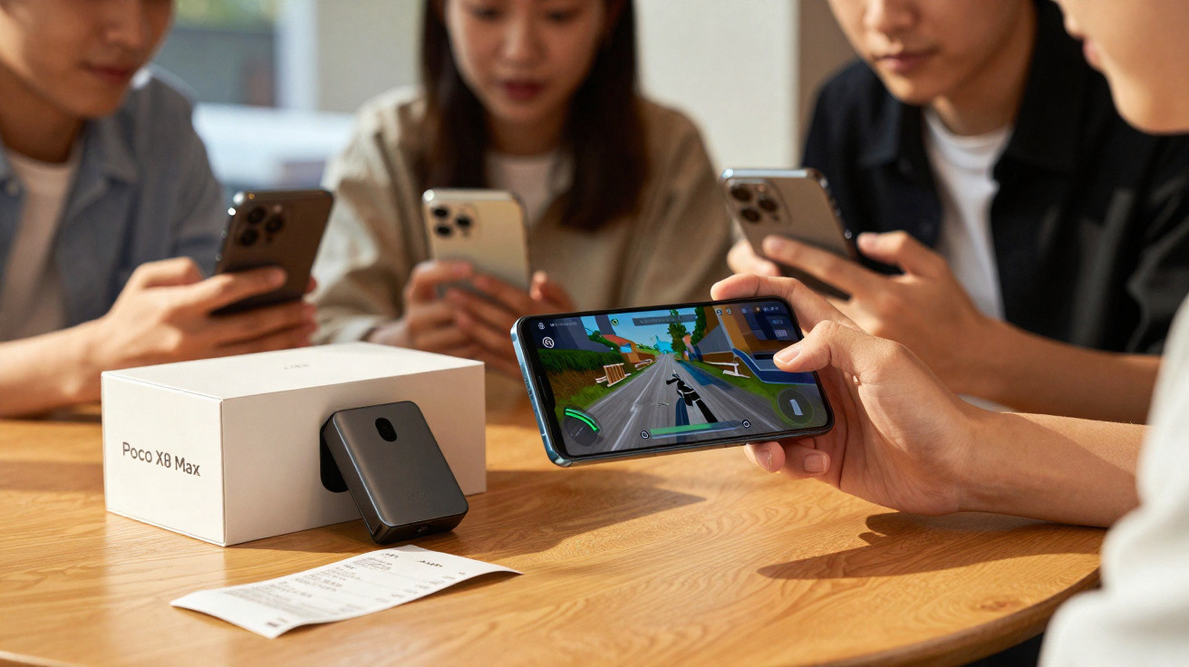 Quatro pessoas usando smartphones, uma jogando videogame no celular ao redor de uma mesa de madeira.
