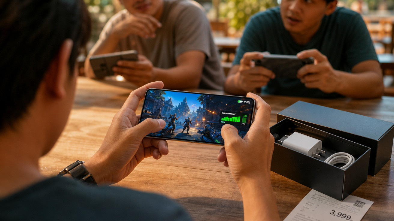 Pessoa jogando videogame em smartphone com outras duas ao fundo e caixa preta de celular sobre mesa de madeira.