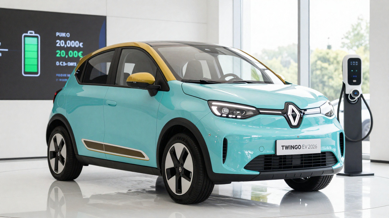 Carro elétrico Renault Twingo EV 2026 azul com teto amarelo em exposição junto a um carregador.