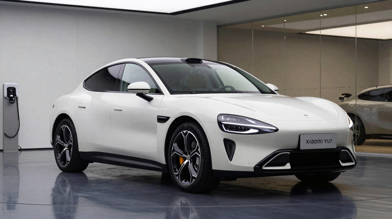 Carro elétrico branco Xiaomi YU7 estacionado em showroom moderno com carregador na parede à esquerda.