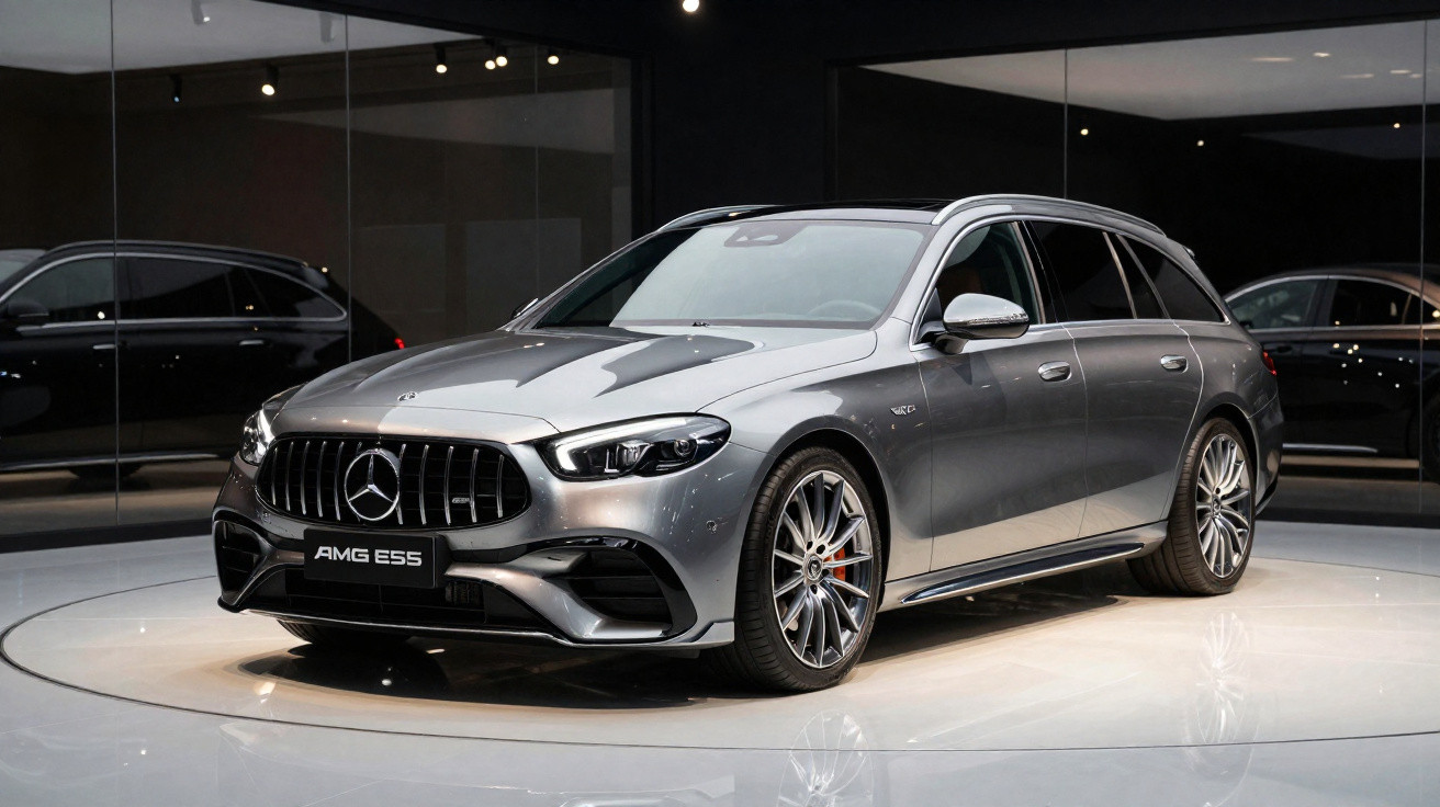 Mercedes-Benz AMG E 55 2024 cinza metalizado em exposição, carro esportivo e luxuoso, visto de frente e lateral.
