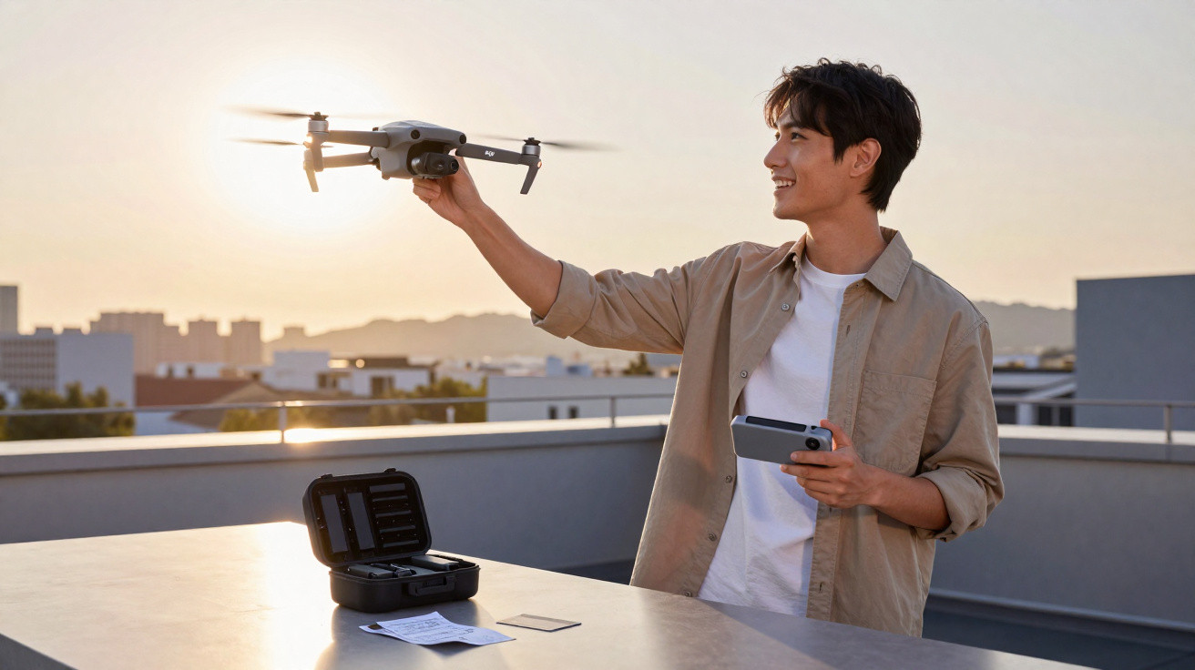 Jovem segurando drone voando com controle remoto na mão, em um terraço ao pôr do sol.