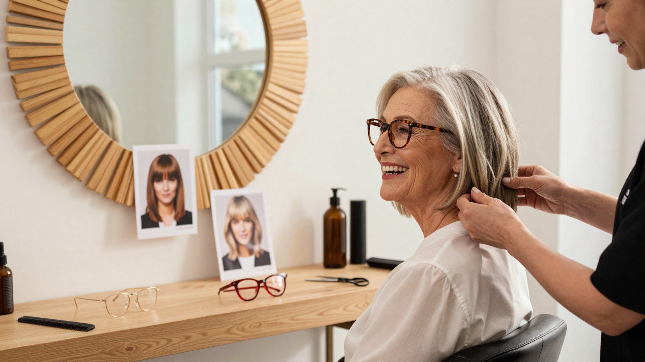 Mulher idosa sorrindo enquanto cabeleireira ajusta seu cabelo em salão com espelho e fotos de cortes.