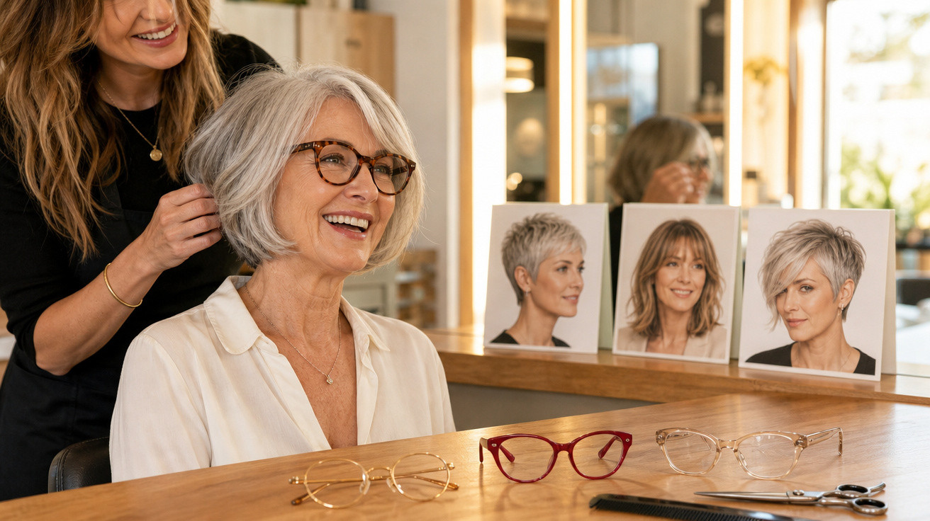 Mulher sorrindo com cabelo grisalho recebe ajuda de profissional em salão com armações de óculos sobre mesa.
