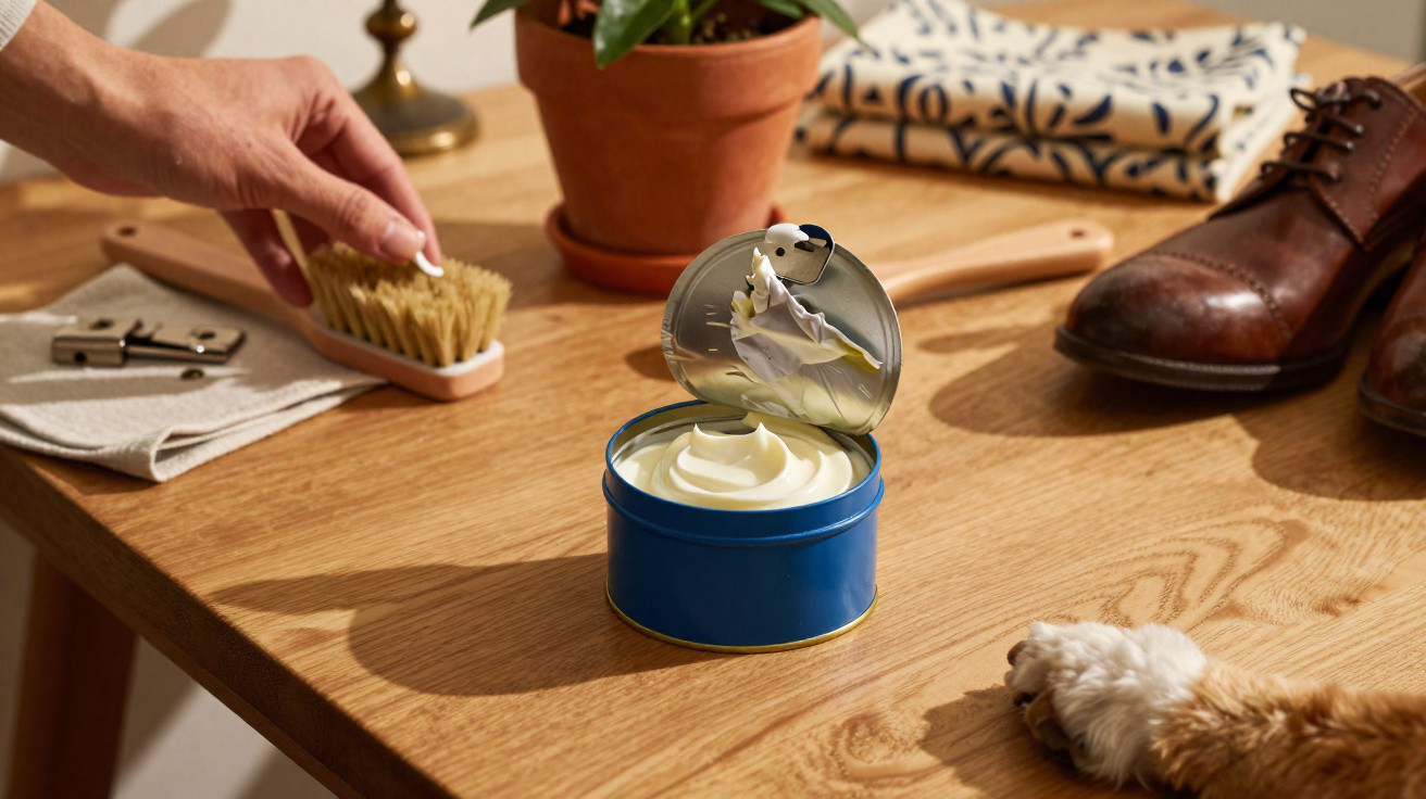 Mão segurando escova de sapato, creme em lata aberta, sapato marrom e pata de cachorro sobre mesa de madeira.