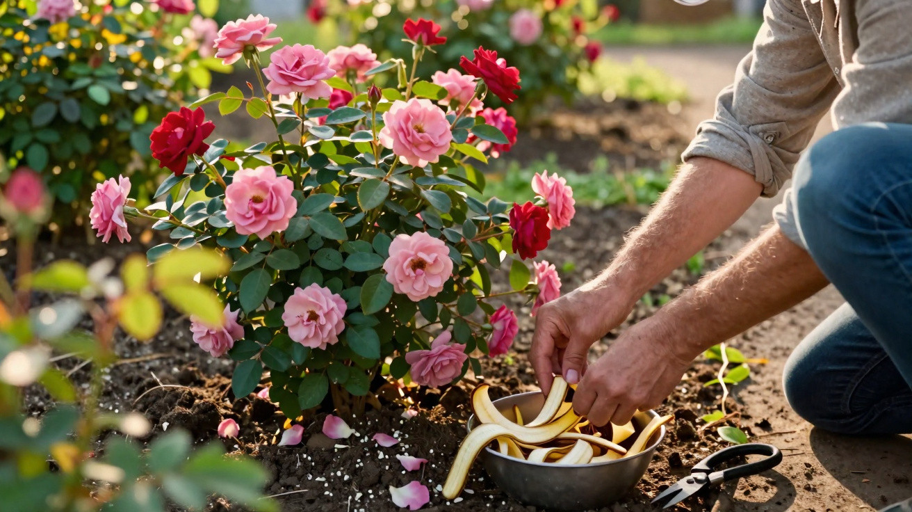 Pessoa recolhendo cascas de banana em um jardim com flores rosas e vermelhas ao redor.