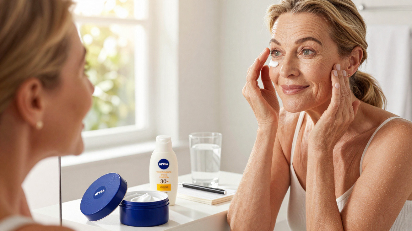 Mulher madura aplicando creme no rosto em frente ao espelho com produtos Nivea ao lado.