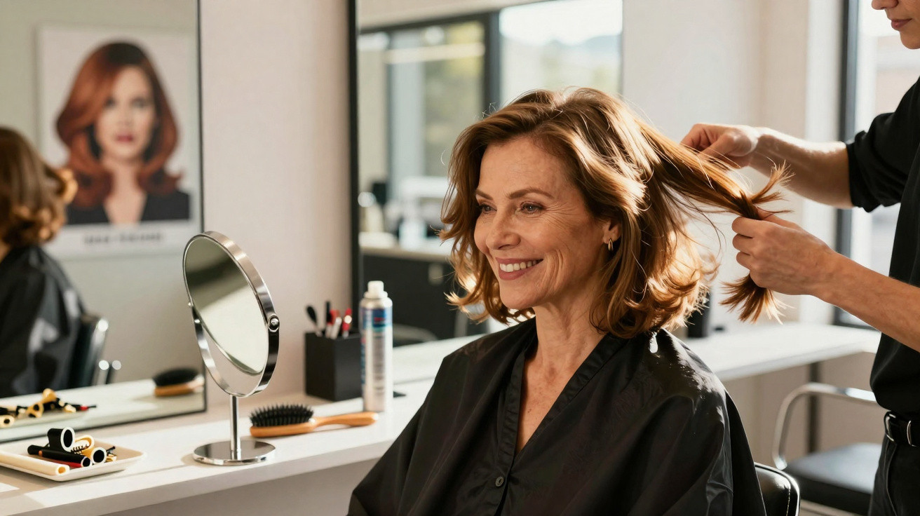 Mulher sorrindo sentada no salão de beleza enquanto cabeleireiro arruma seu cabelo castanho médio.