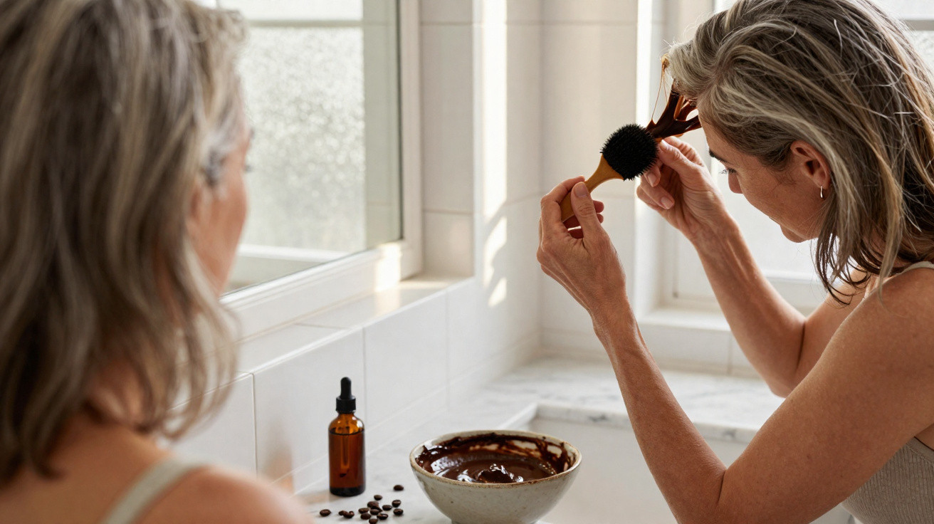 Mulher aplicando máscara facial de café no cabelo em banheiro iluminado, com espelho ao fundo.