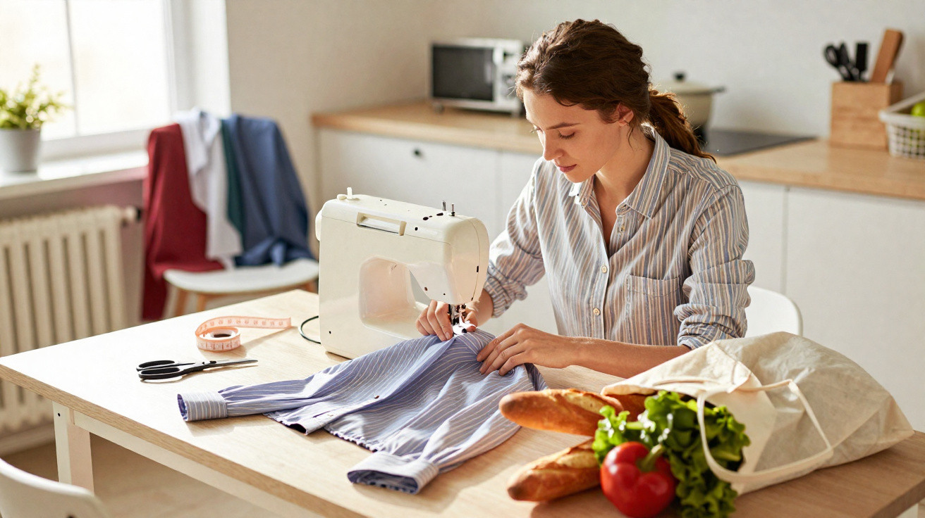 Mulher costurando camisa azul em máquina de costura em cozinha com sacola de compras e legumes na mesa.