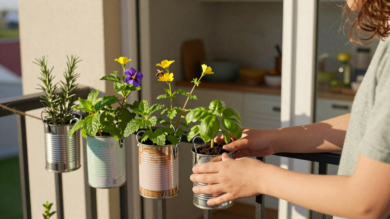 Pessoa ajusta vasos de plantas e flores feitas com latas penduradas em uma varanda ensolarada.