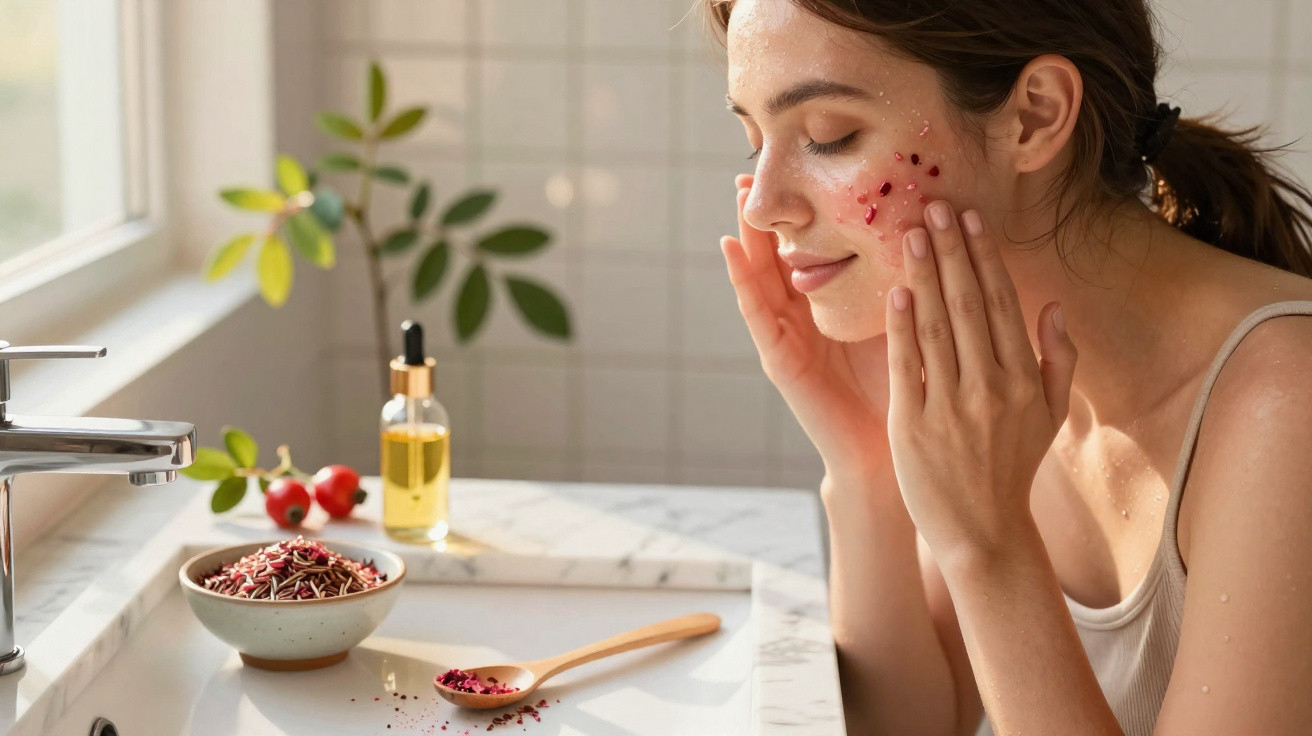 Mulher aplicando esfoliante facial natural com ingredientes vermelhos no rosto em banheiro iluminado.