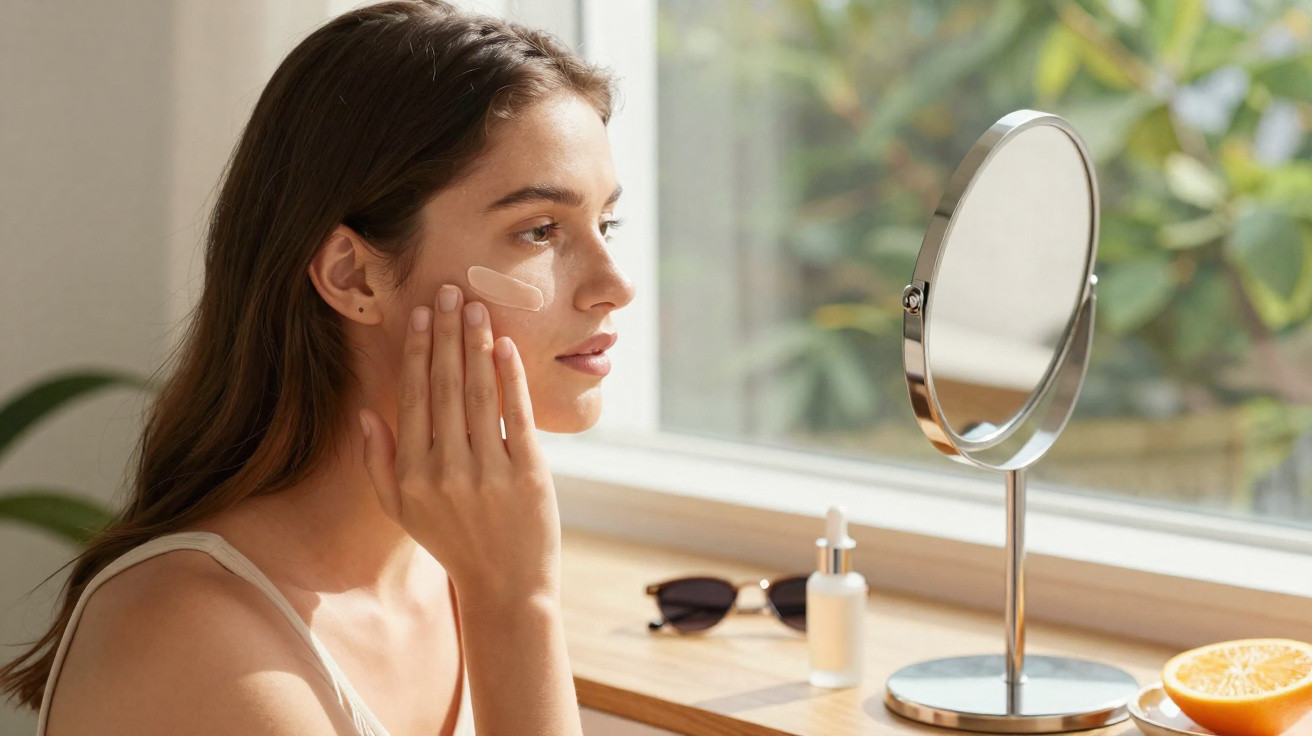 Mulher aplicando creme facial, sentada perto da janela com espelho, óculos e frutas na mesa.