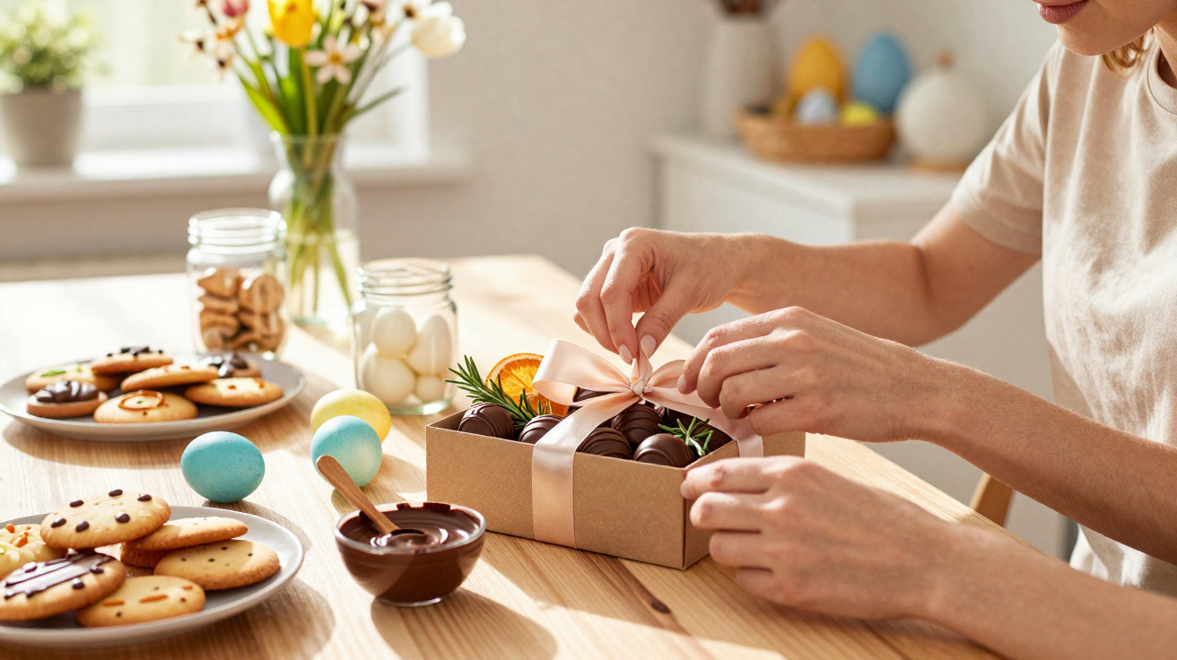 Pessoa decorando caixa de chocolates com fita rosa em mesa com biscoitos, ovos coloridos e flores.