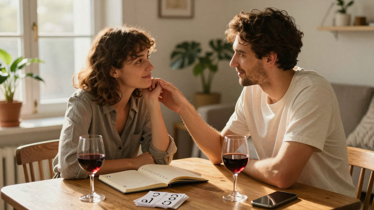 Casal jovem sentado à mesa, trocando olhar e gestos carinhosos com taças de vinho tinto à frente.