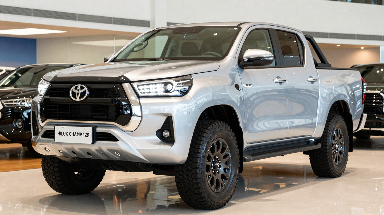 Picape Toyota Hilux Champ 12K prata exibida em showroom com pneus off-road e detalhes em preto.