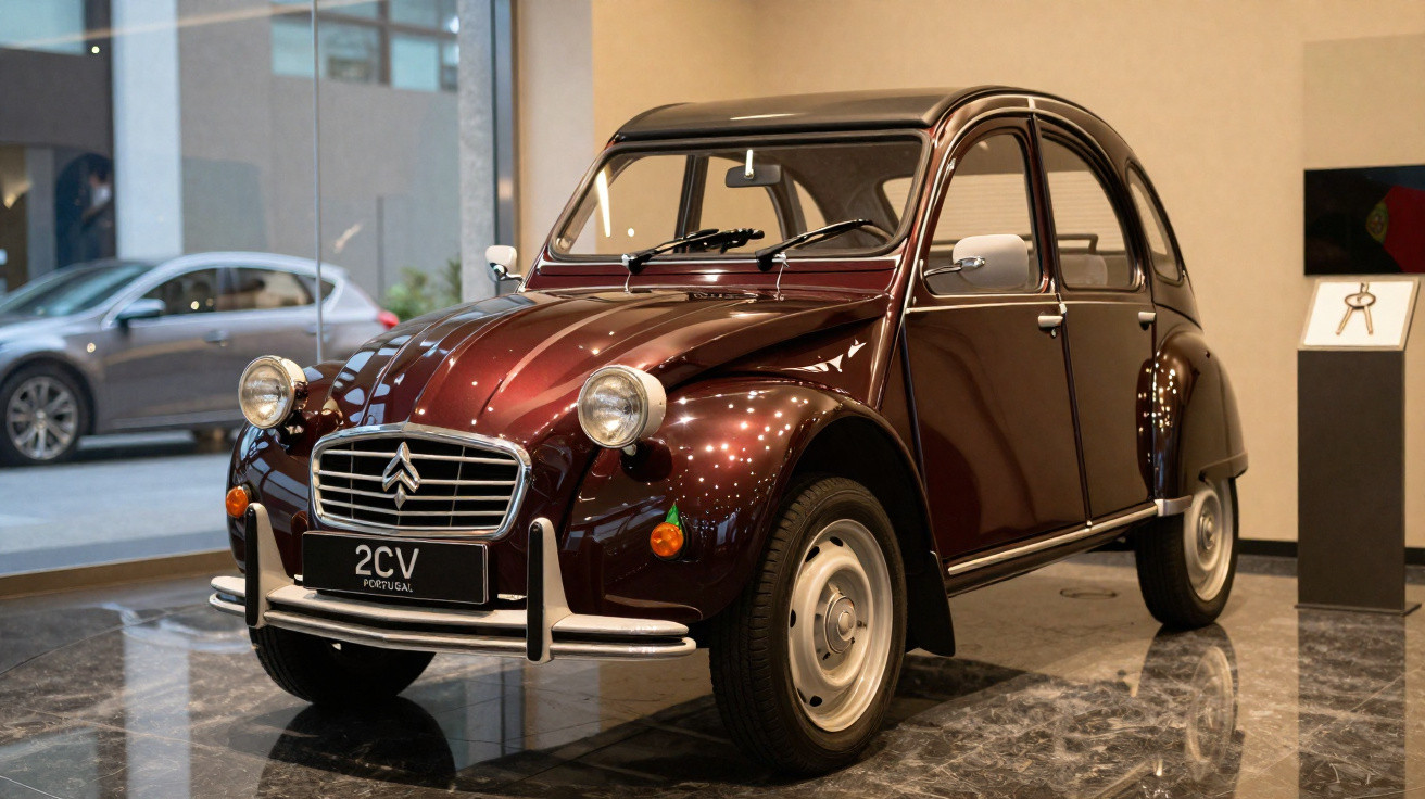 Carro clássico Citroën 2CV vermelho em exposição interna com piso refletivo e parede bege ao fundo.