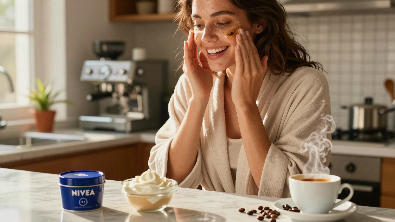 Mulher sorrindo aplica creme facial enquanto está na cozinha com café e pote de Nivea sobre a mesa.