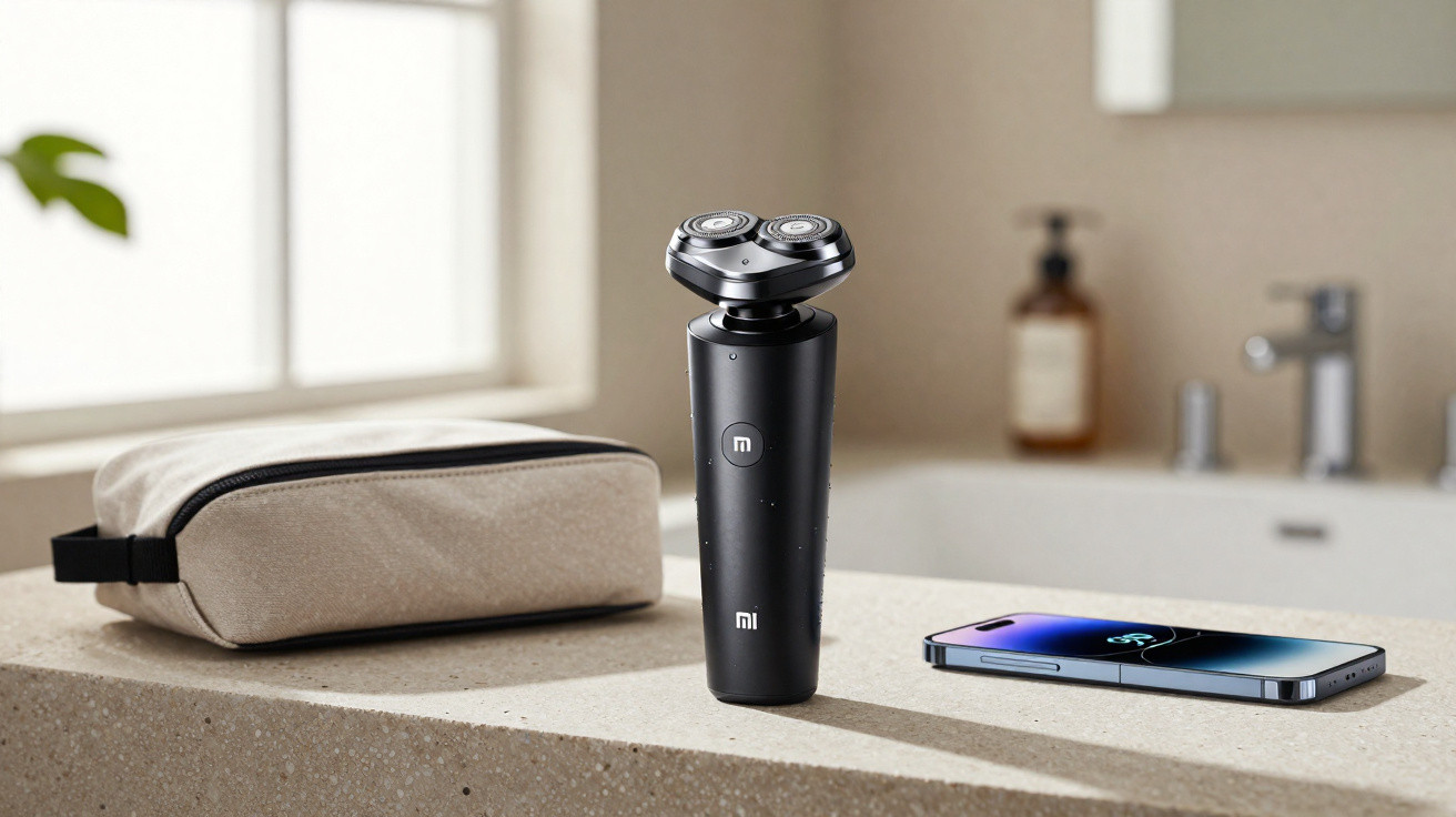 Aparelho de barbear elétrico preto, necessaire bege e smartphone em bancada de banheiro iluminada.