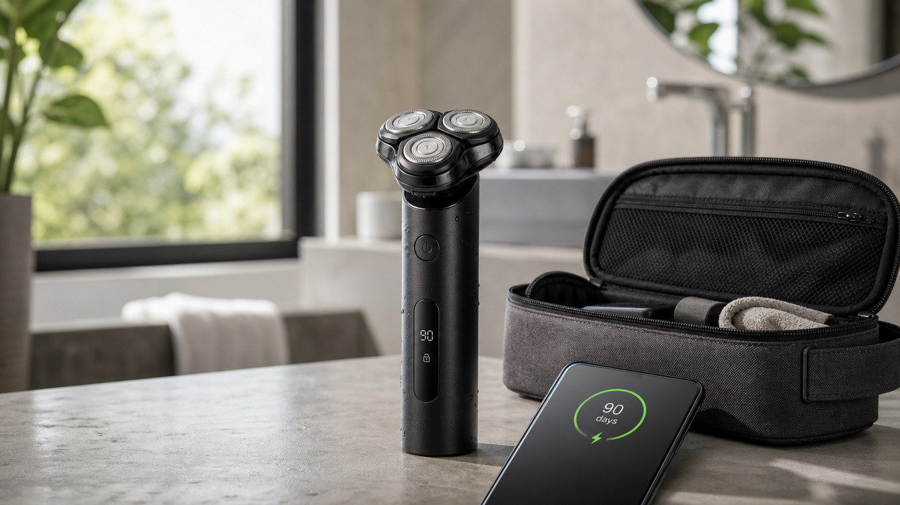 Aparelho de barbear elétrico preto, necessaire cinza e smartphone com tela mostrando 90 dias de bateria.