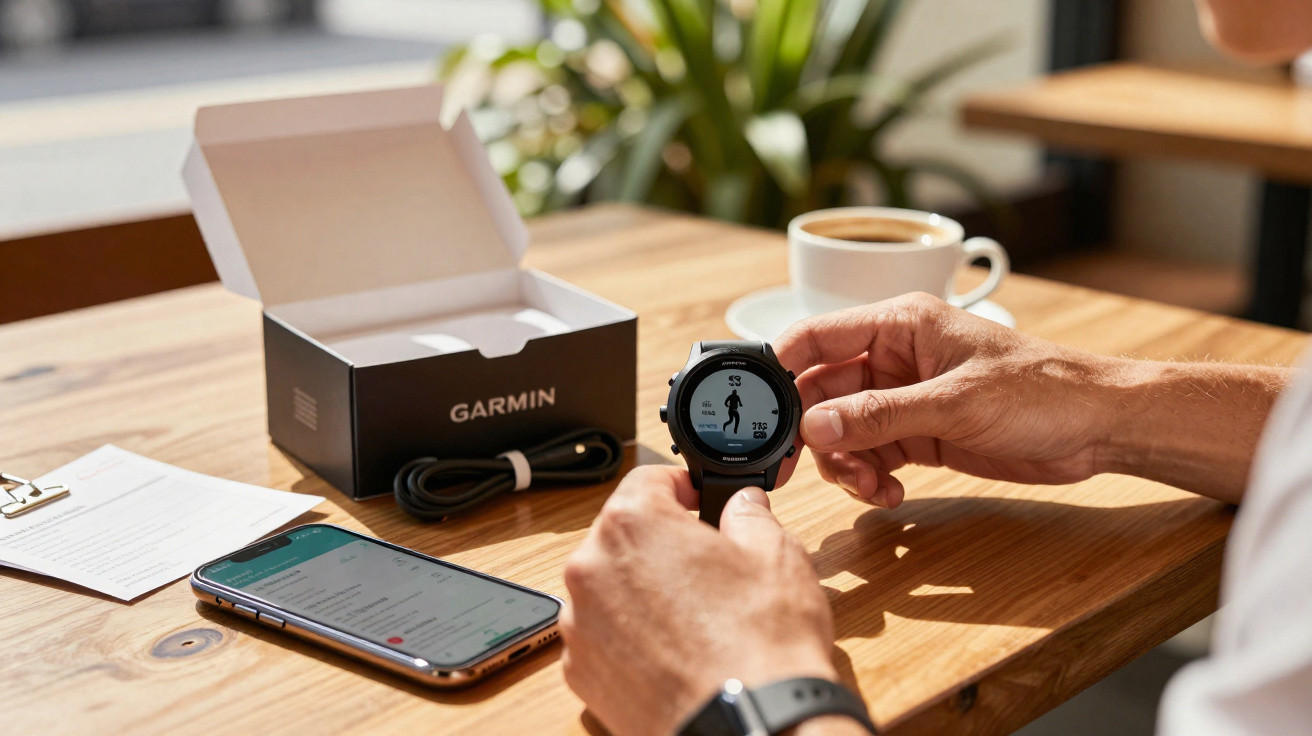 Pessoa ajustando um relógio Garmin em mesa com celular, caixa do relógio, e uma xícara de café branca.