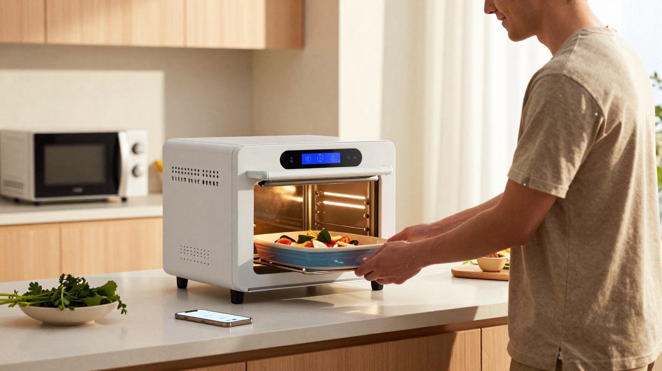 Pessoa colocando prato de legumes em forno elétrico compacto em cozinha moderna.