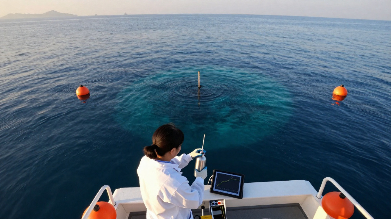 Pesquisadora em barco coleta amostra de água em mar calmo com bóias laranjas e ilha ao fundo.