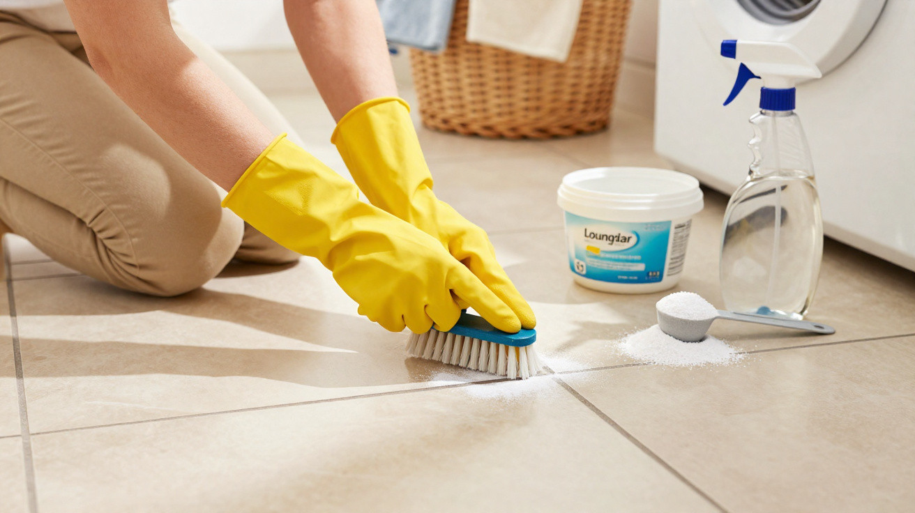 Pessoa com luvas amarelas limpando rejunte de piso com escova, produtos de limpeza e borrifador ao lado.
