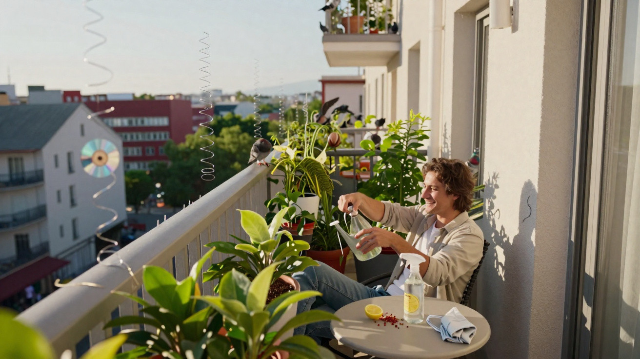 Jovem sentado em varanda com plantas, molhando-as com regador no final da tarde ensolarada.