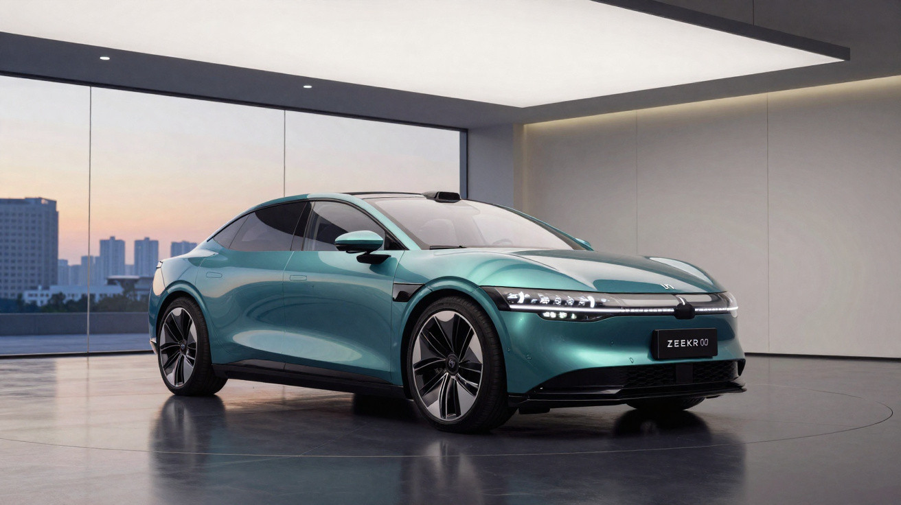 Carro elétrico sedã verde em ambiente interno moderno com fachada de vidro e vista urbana ao fundo.