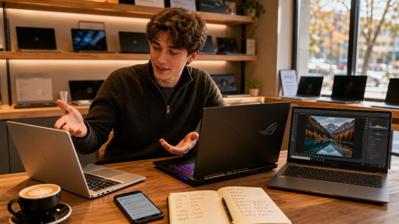 Jovem conversa animado em mesa com três laptops, notebook aberto e café em loja de tecnologia.