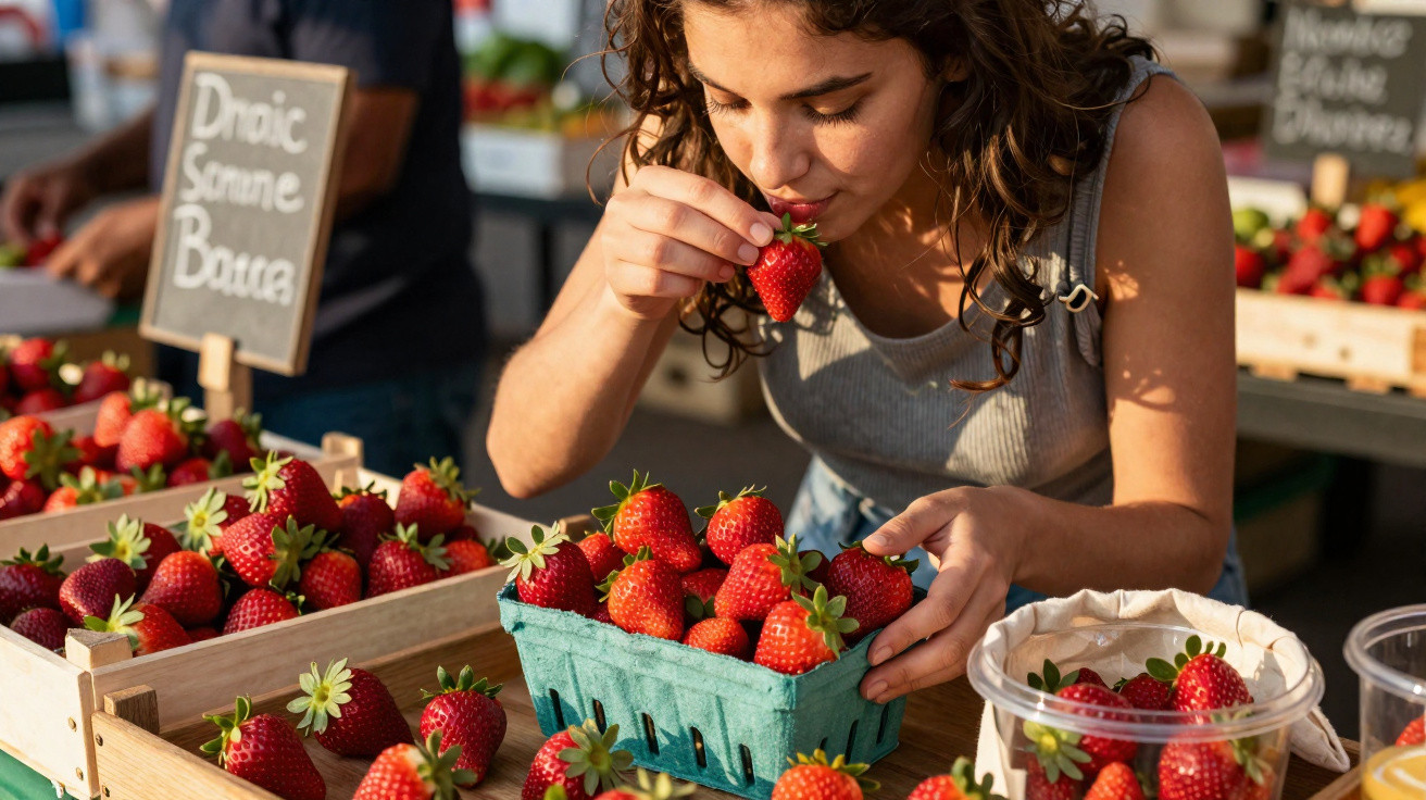 Mulher cheirando morango em caixa azul em feira ao ar livre com várias caixas de morangos frescos.