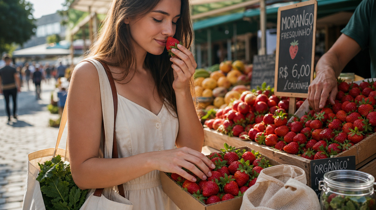 Mulher cheirando morango em feira ao ar livre com cesta de compras e caixas de frutas frescas.