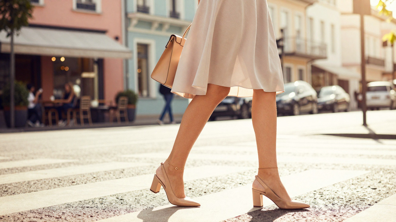 Pernas femininas cruzando faixa de pedestres com sapatos de salto médio bege e bolsa na mão.