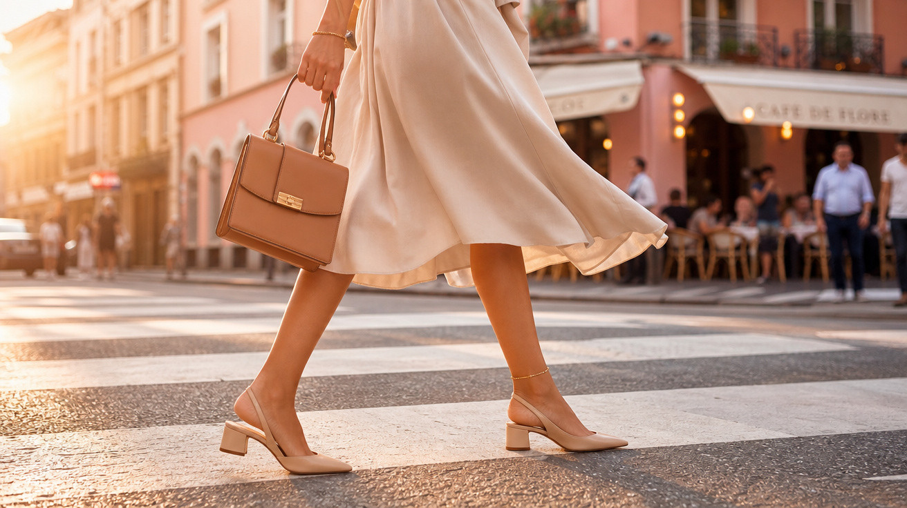Mulher vestido vestido claro e salto médio caminhando na faixa de pedestres com bolsa marrom na mão.