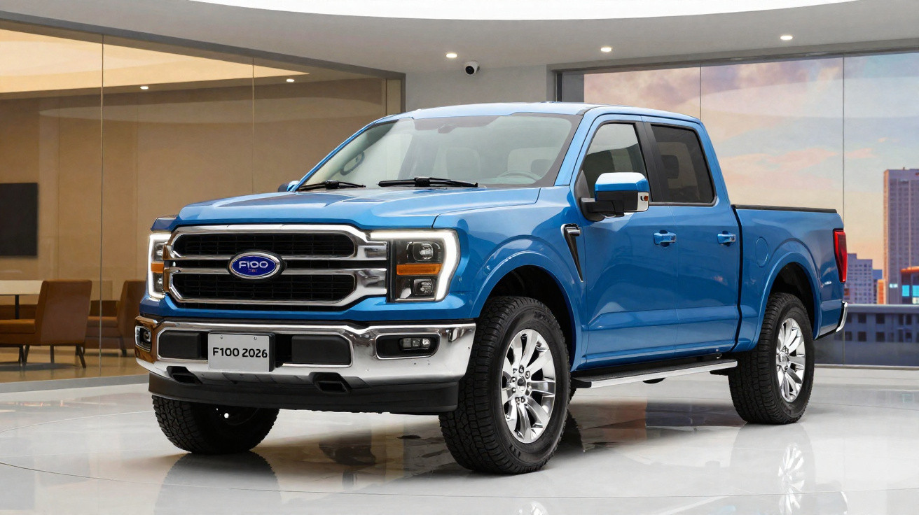 Picape Ford F-100 2026 azul em showroom moderno com interior elegante e fachada de vidro.
