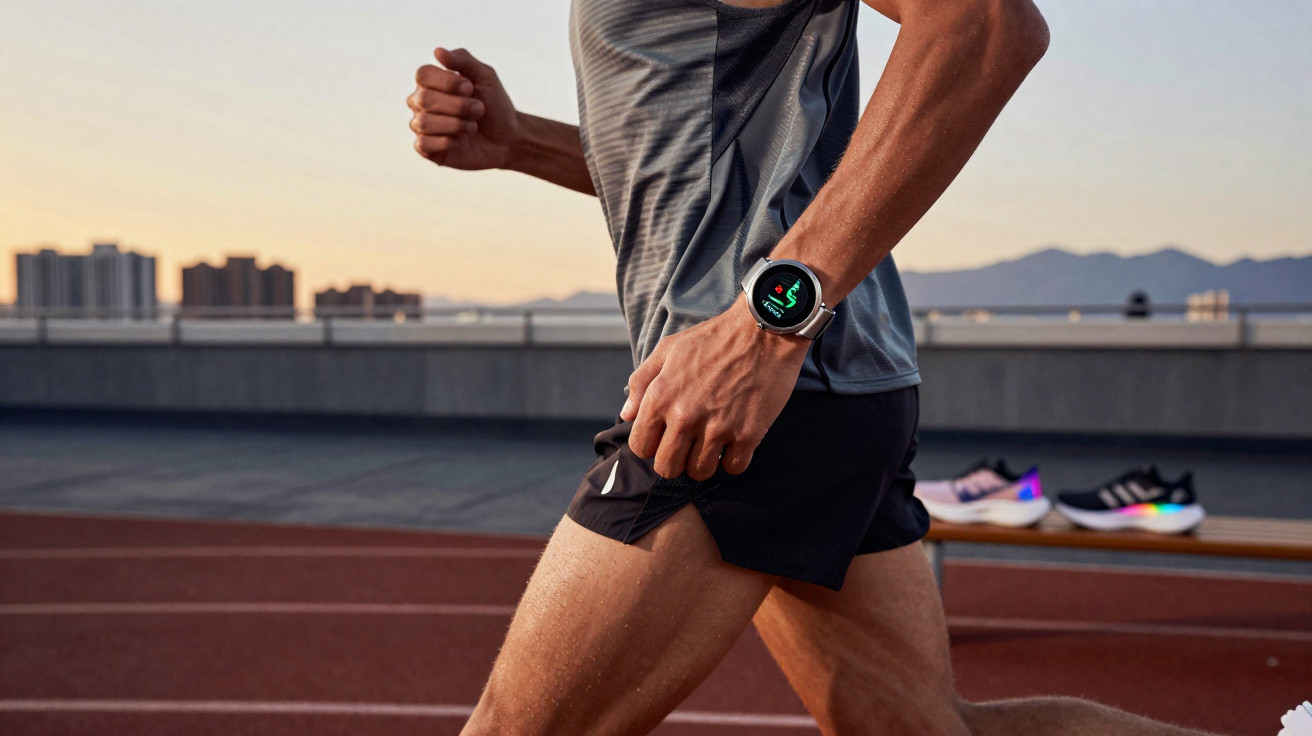 Homem correndo na pista com smartwatch esportivo no pulso, ao pôr do sol.