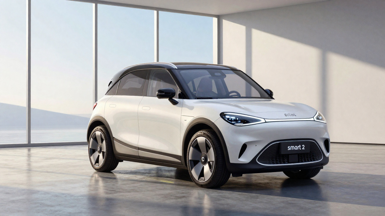Carro elétrico Smart 2 branco com teto preto estacionado em ambiente interno moderno e iluminado.