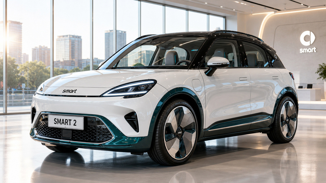 Carro elétrico Smart 2 branco estacionado em showroom moderno com grandes janelas e piso refletivo.