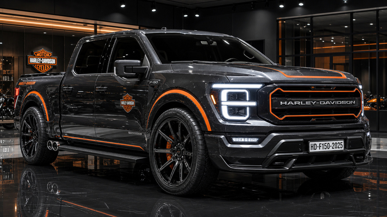 Picape preta Harley-Davidson F-150 2025 com detalhes em laranja em showroom moderno e iluminado.