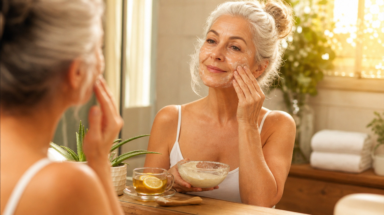Mulher madura aplicando creme facial, sentada em frente ao espelho em ambiente iluminado e decorado.