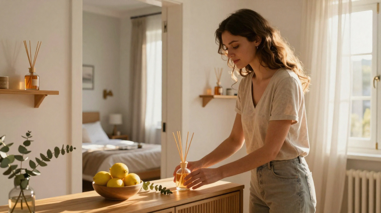 Mulher organizando difusor de aromas em sala iluminada com frutas e plantas decorativas.
