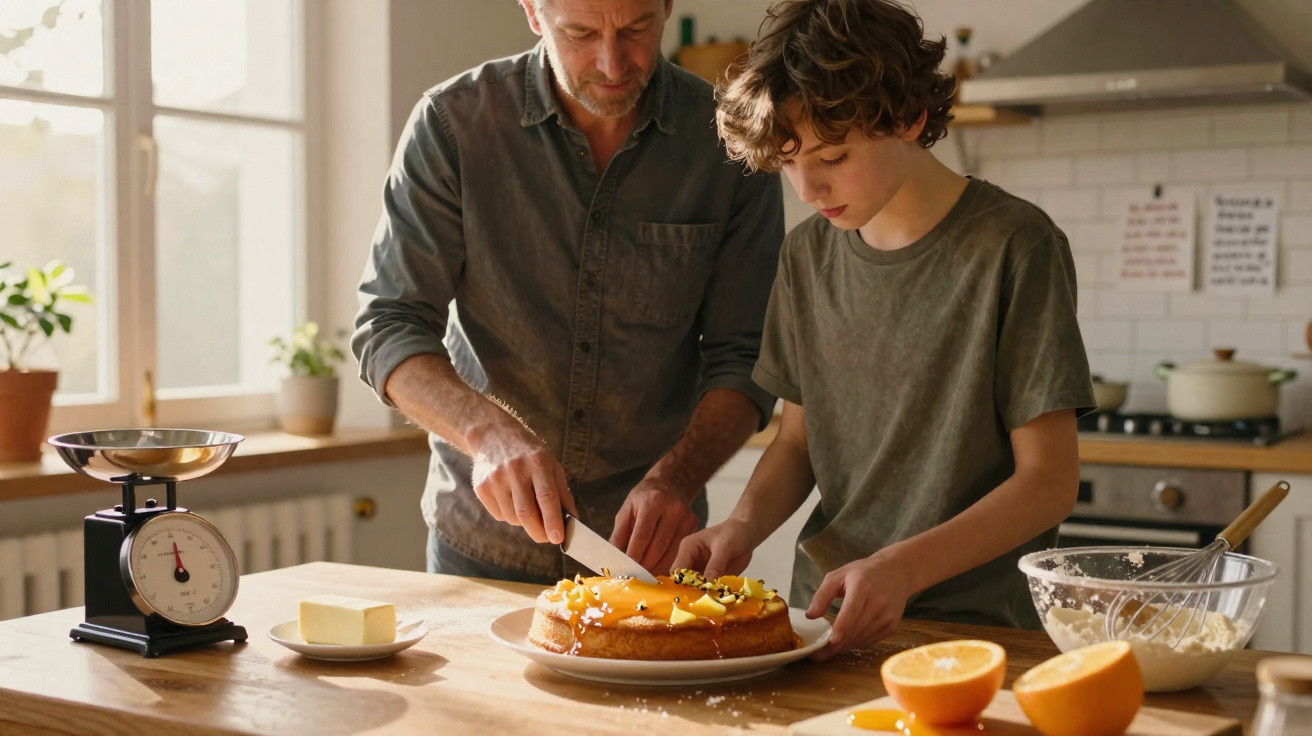 Pai e filho cortam juntos um bolo decorado com frutas em uma cozinha iluminada.