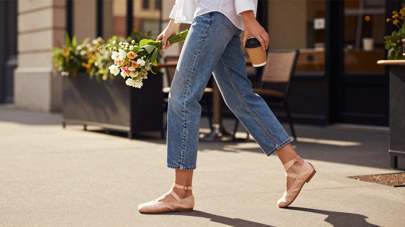 Pessoa caminhando com flores na mão e café em copo descartável, usando calça jeans e sapatilha rosa.