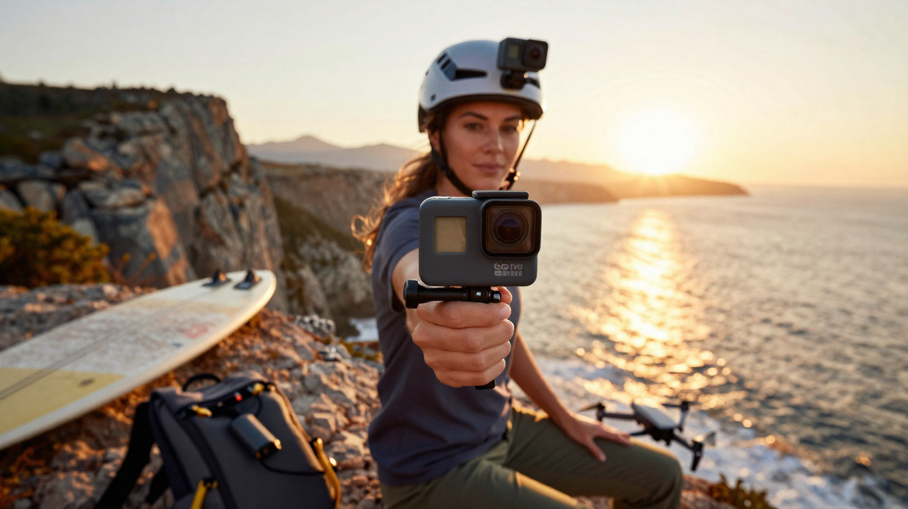 Mulher com capacete segurando câmera GoPro em penhasco ao pôr do sol com prancha de surfe ao lado.