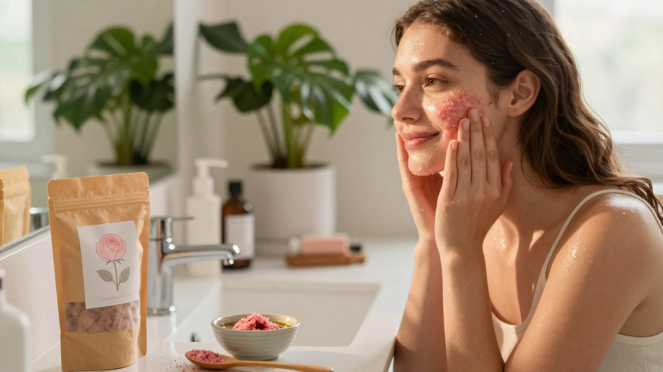Mulher aplica esfoliante facial caseiro na pele em banheiro iluminado.