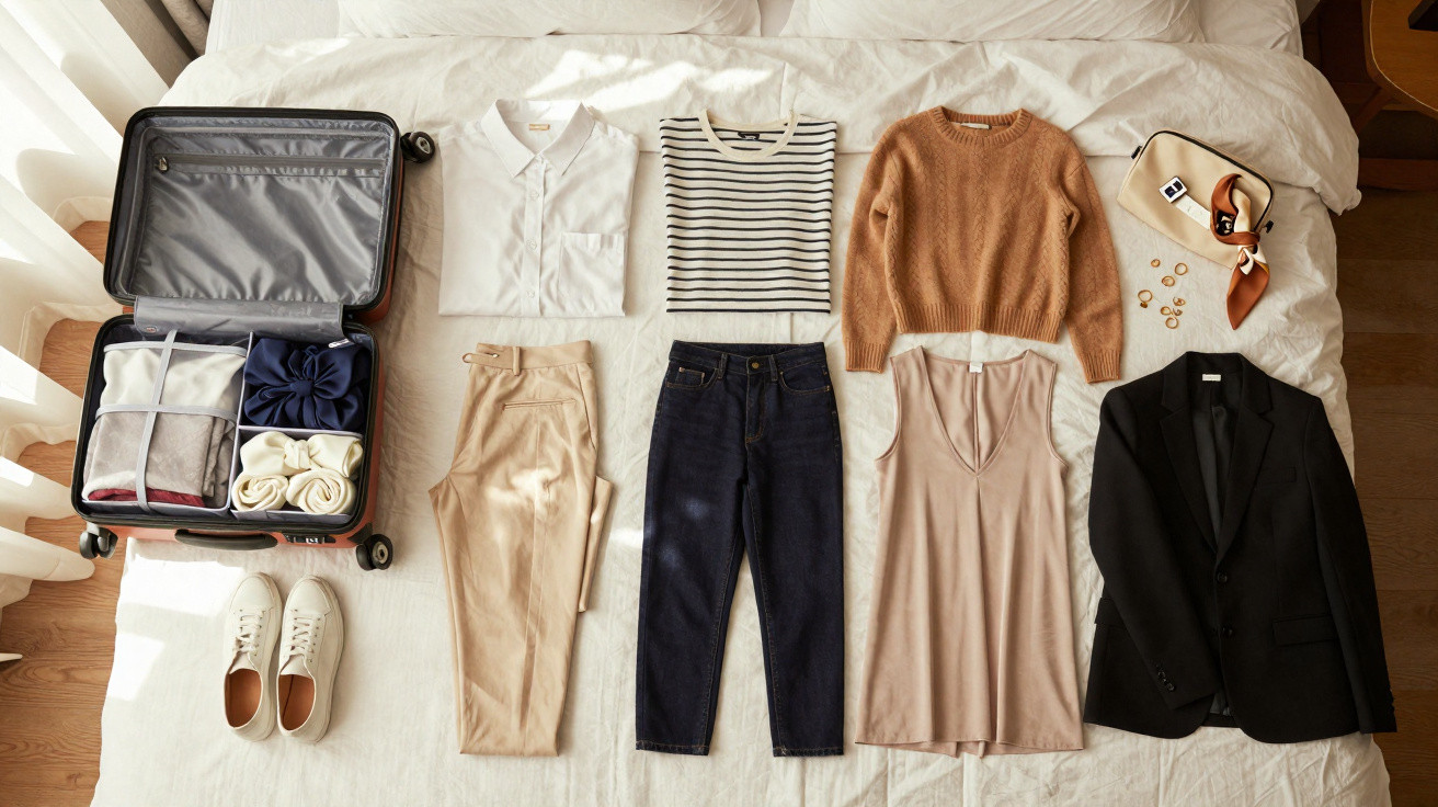 Mala aberta com roupas e acessórios femininos organizados ao lado, incluindo camisa, suéter, calça, saia e tênis.