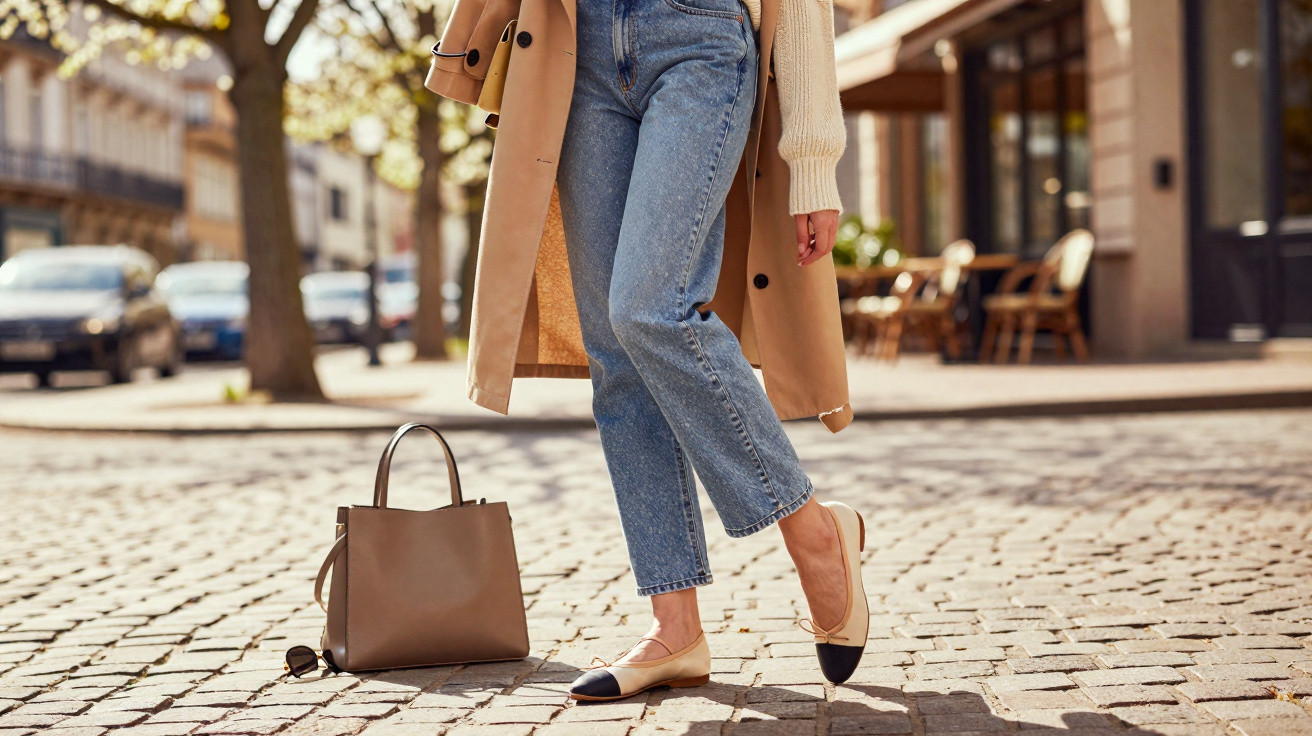 Mulher vestindo casaco bege, blusa de manga longa, jeans e sapatilhas em calçada de pedra com bolsa marrom ao lado.